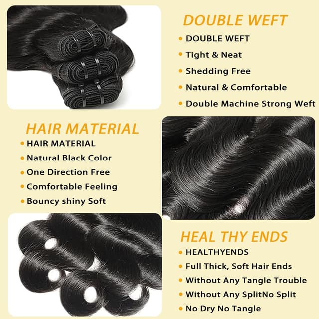 Detalle de 14A Human Hair Bundles (Body Wave) 20, 22, 24 Inch — 100% Unprocessed Brazilian Virgin Hair, 3 Bundles