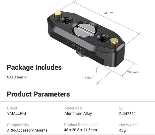 Detalle de SmallRig NATO Rail 2521B avec vis de positionnement ARRI 48 mm