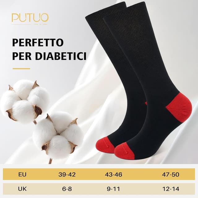 Thumbnail 6 de PUTUO Calzini diabetici extra larghi senza elastico (uomo e donna) in cotone, 6 paia