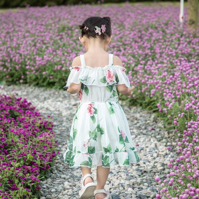 Detalle 2 de JiAmy Toddler Girls Summer Dress – Floral Off-Shoulder Chiffon Ruffle Hem (1–6 Years)