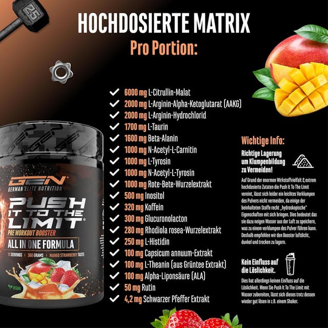 Detalle 2 de Push it to the Limit Pre Workout (360 g) mit L-Arginin, Citrullin, Theanin, Rhodiola & Koffein – Mango Strawberry