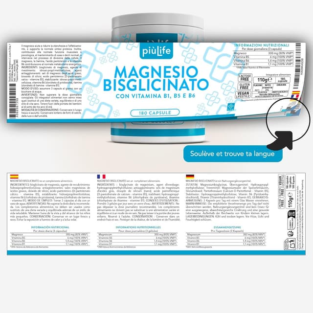Thumbnail 6 de +LIFE Magnésium bisglycinate 1500 mg (360 gélules) + vitamines B1, B6, B5