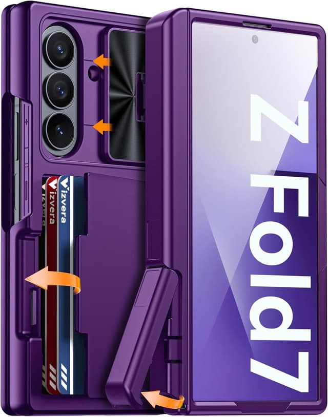 Detalle de Vizvera for Samsung Galaxy Z Fold 7 Case with RFID Wallet, Stand & HD Tempered Glass (Purple)