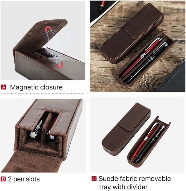 Detalle de CONTACT'S FAMILY 2-Slot Genuine Leather Pen Case (Vintage, Handmade) – Coffee