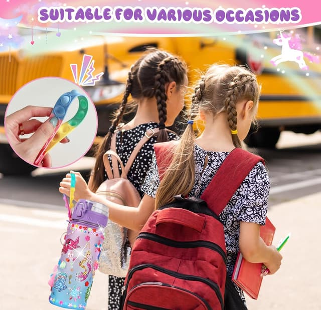 Detalle de Sanilinwild girls’ 600ml mermaid DIY water bottle kit (decorate + friendship bracelet)