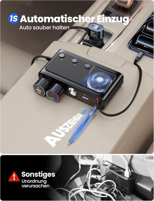 Detalle de JOYROOM 227W Zigarettenanzünder Verteiler 9-in-1 mit 80-cm einziehbarem 45W USB-C & LED-Spannungsanzeige