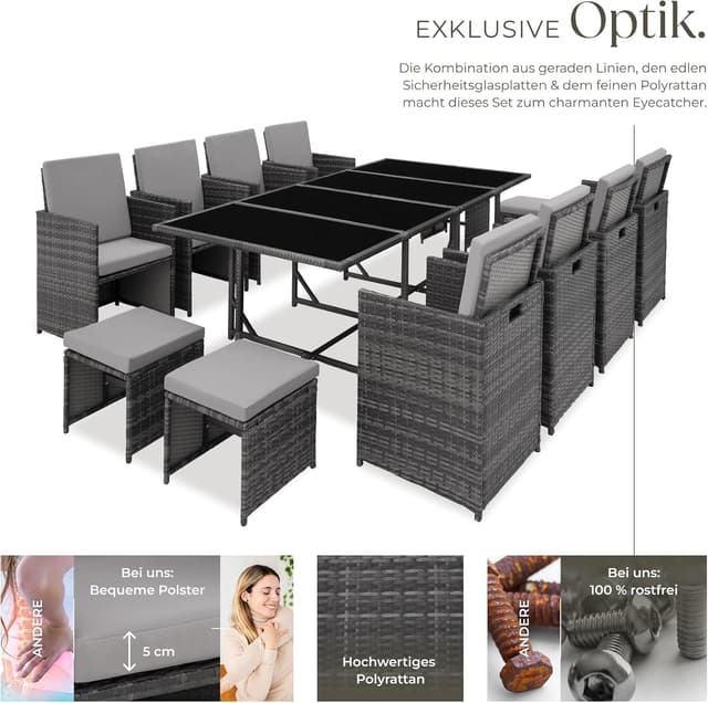 Detalle de tectake Gartenlounge Set mit Polyrattan: 8 Stühle + 4 Hocker + 1 Tisch (8+4+1), grau/hellgrau