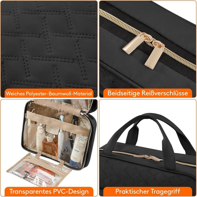 Detalle 2 de Lifewit Reise-Kulturbeutel Damen (groß) mit Haken – transparente Schminktasche Schwarz