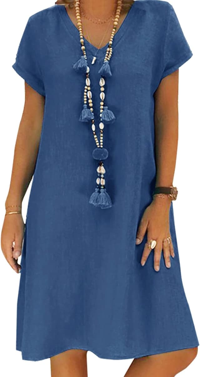 Detalle de Tincini Sommerkleid Damen aus Baumwolle und Leinen – V-Ausschnitt Midikleid, Kurzarm, A-Linie