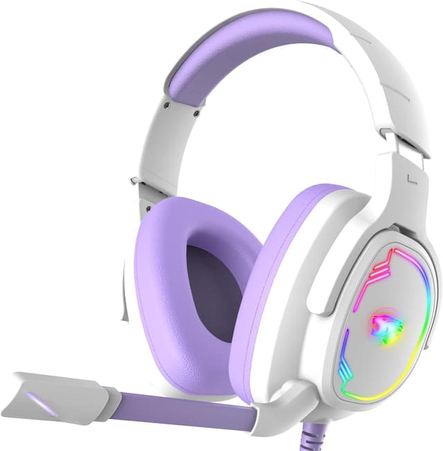 Detalle de Jimonyer Gaming Headset with Noise-Canceling Mic (3.5mm) for PC/PS4/PS5/Xbox One/Switch — RGB in White/Purple