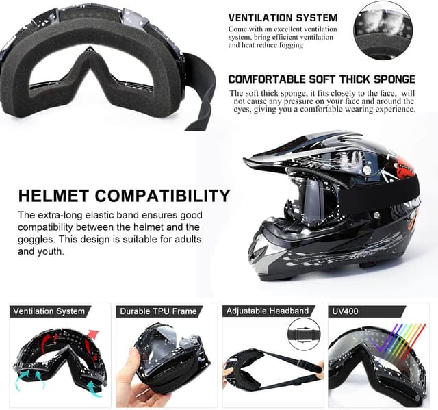 Detalle de FMY Motocross Goggles for Men, Women & Youth – Anti-scratch, Dustproof UV400 ATV/UTV & Dirt Bike Riding Glasses