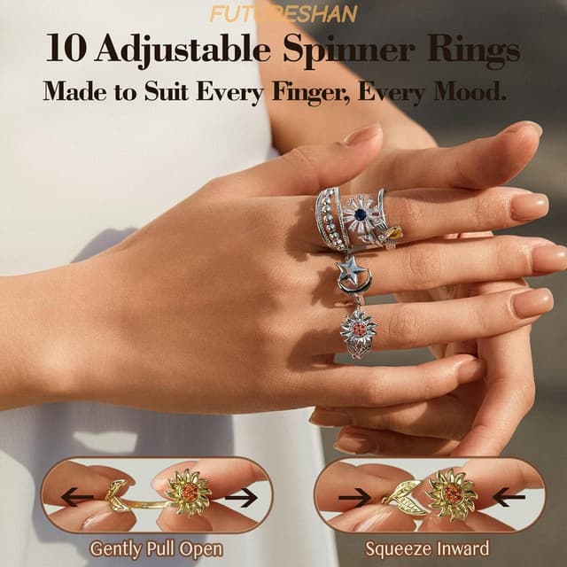 Detalle 2 de 10Pcs Fidget Anxiety Rings (Moon, Sun, Butterfly & More) Adjustable Spinner Rings for Women
