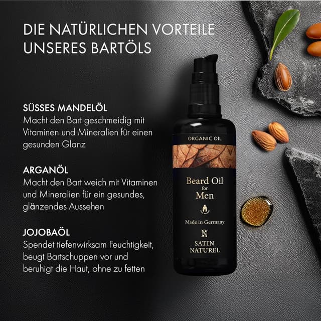 Detalle de Satin Naturel BIO Bartöl kaltgepresst 100 ml – Premium Bartpflege für Herren