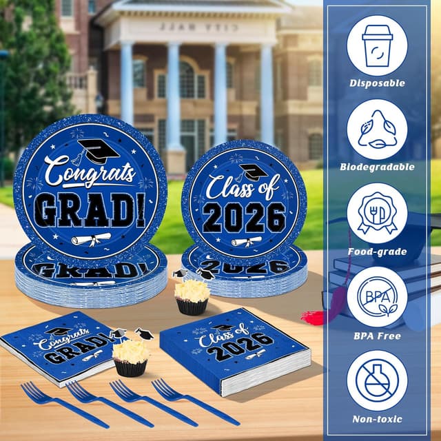Detalle de 200-Piece 2026 Graduation Decorations Set (Blue Plates, Napkins & Forks) for 50 Guests