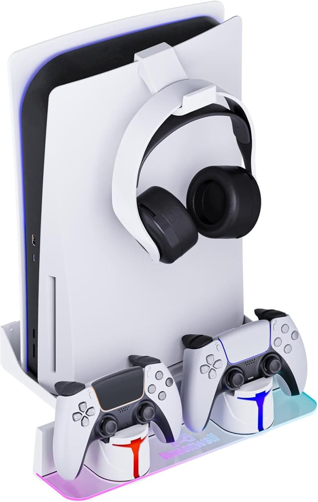 Detalle de Hosanwell PS5 Wall Mount with Charging Station (for PS5/PS5 Pro/PS5 Slim) – Dual Use Dock with RGB Lights, White