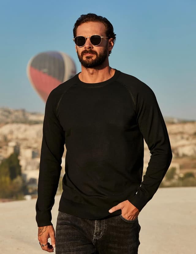 Detalle 2 de COOFANDY pull homme en maille fine col rond à manches longues (tricot doux, raglan)