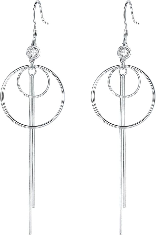 Detalle de Lydreewam lange Quasten-Ohrhänger aus 925 Sterling Silber mit 3A Zirkonia und Kreis-Design