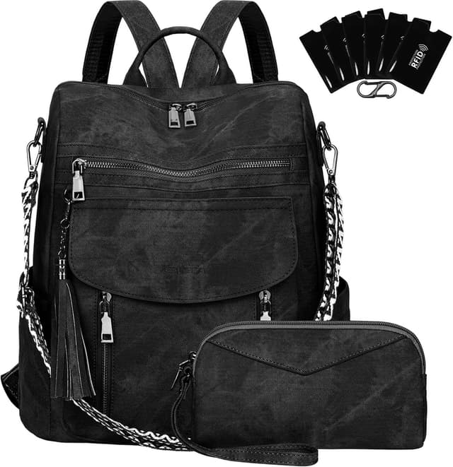 Detalle de LEASOUL women’s vegan leather rucksack bag with RFID sleeves and anti-theft clasp