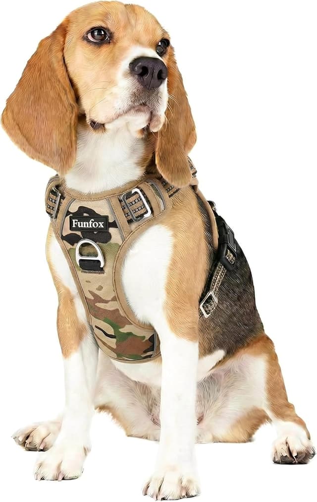 Detalle de Funfox Dog Harness Medium (No Pull) with Front Clip, Vertical Handle and Reflective Strips – Camo Brown