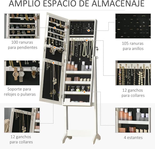 Detalle 1 de HOMCOM Espejo Joyero de Pie 46x36,5x151,5 cm Blanco
