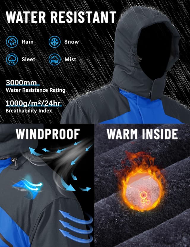 Detalle de TACVASEN Men’s Winter Skiing Jacket with Detachable Hood, Fleece Lining & Double Zipper