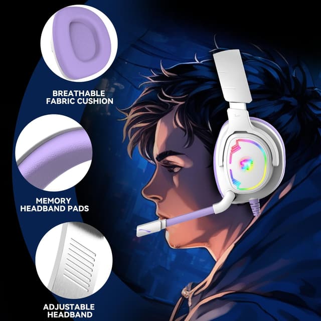 Detalle 2 de Jimonyer Gaming Headset with Noise-Canceling Mic (3.5mm) for PC/PS4/PS5/Xbox One/Switch — RGB in White/Purple