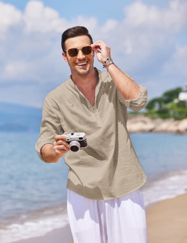 Detalle 2 de COOFANDY Men's Cotton Linen Henley Shirt