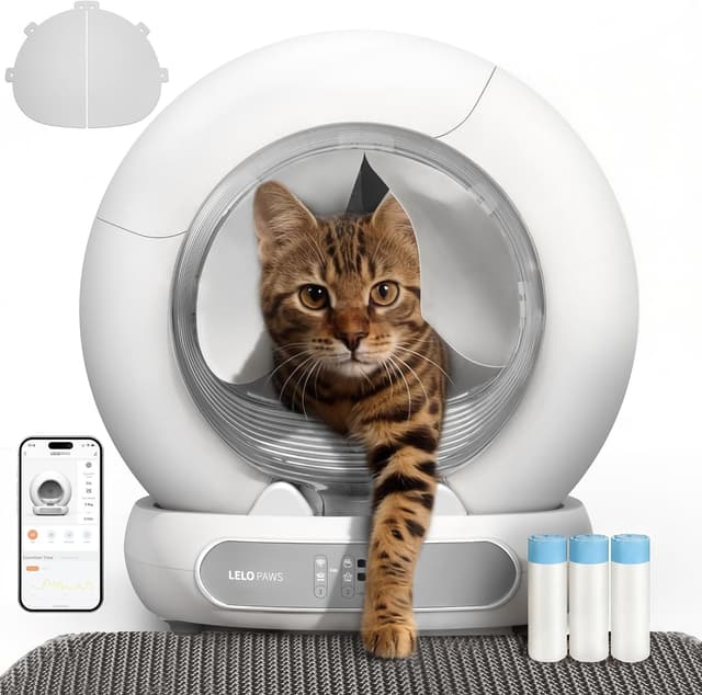 Detalle de LELO PAWS selbstreinigende Katzentoilette mit Türvorhang, 65 l + 9 l, App-Steuerung (silberfarben)