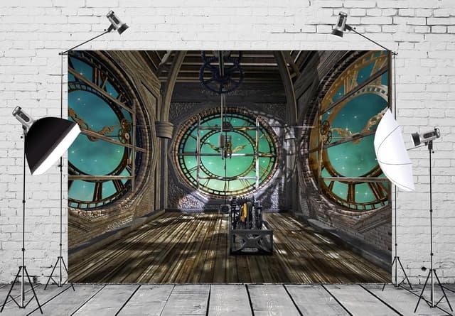 Detalle 2 de BELECO 2.1 x 1.5 m Steampunk fabric backdrop (vintage clocks & shiny stars design)