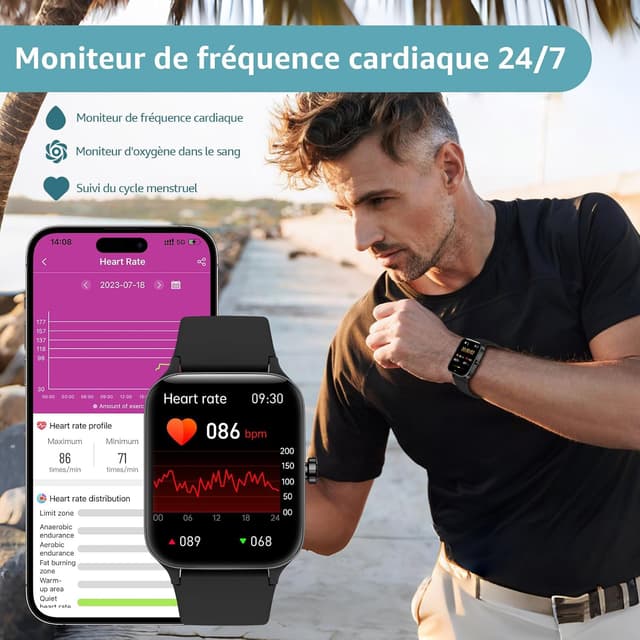 Detalle de KIUVKAS Smartwatch homme femme P3, écran 1,95" full touch, appels et suivi santé