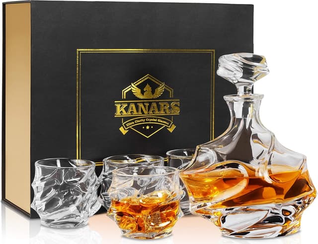 Detalle de KANARS Whiskey-Gläser & Karaffe-Set (750 ml) mit 4 Gläsern, bleifreies Kristall, 5-teilig