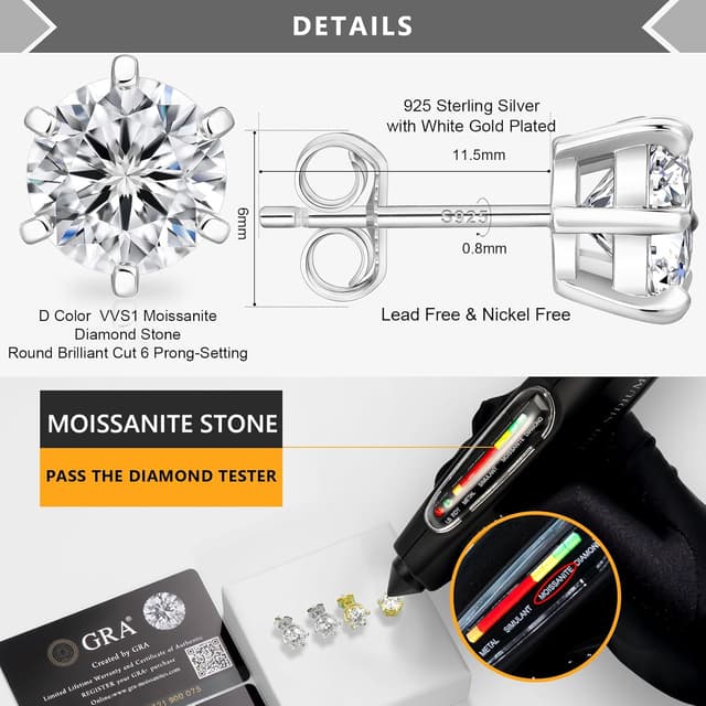 Detalle de KRKC&CO Moissanite Ohrringe aus 925 Silber für Damen – runder Moissanit, VVS1, D-Farbe, 4–7,5 mm