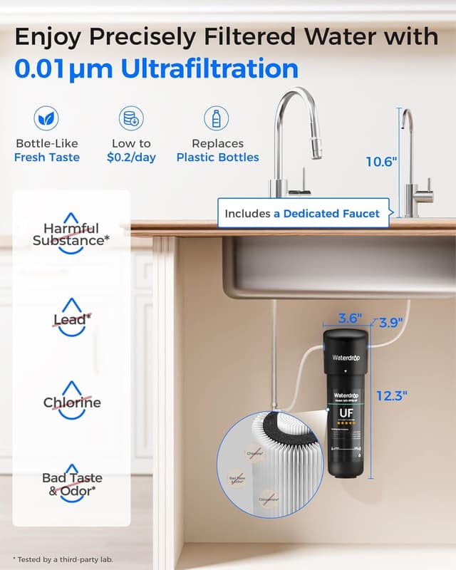 Detalle de Waterdrop 10UB-UF filtro a ultrafiltrazione sotto lavello 0,01 µm (fino a 11000 galloni) con rubinetto dedicato