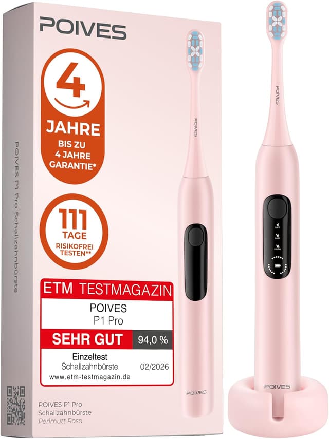 Detalle de POIVES P1 Pro Schallzahnbürste mit Drucksensor – Bestnote „sehr gut“, 4 Jahre Garantie