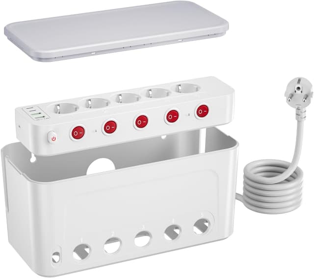Detalle de Ciabatta multipresa USB con scatola porta cavi e 5 prese Schuko (interruttori indipendenti) – Bianco, cavo 1,5 m