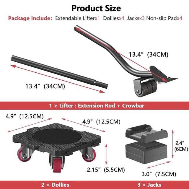 Detalle 2 de ONEON Furniture Movers with Wheels & Lifter Set – 300 kg Capacity Dolly, Extendable Lifter & Jacks