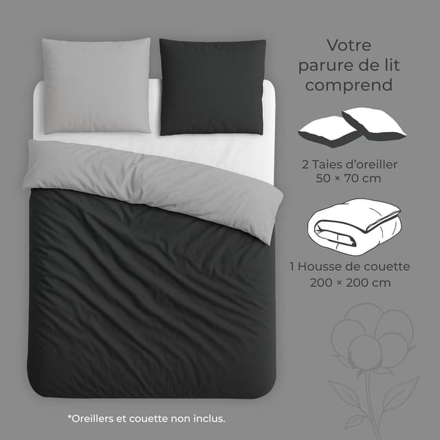 Thumbnail 6 de Parure Dreamzie en coton 200x200 réversible gris foncé (3 pièces) avec housse de couette bicolore