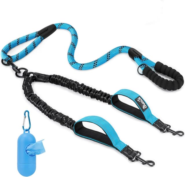 Detalle de SlowTon Doppelleine für 2 Hunde mit 360° Drehverschluss, reflektierenden Streifen und gepolsterten Griffen