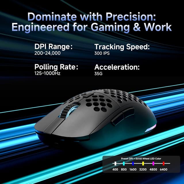 Detalle 2 de Dierya x TMKB M1 Mouse Wireless Gaming con sensore 24.000 DPI, 6 pulsanti programmabili e RGB