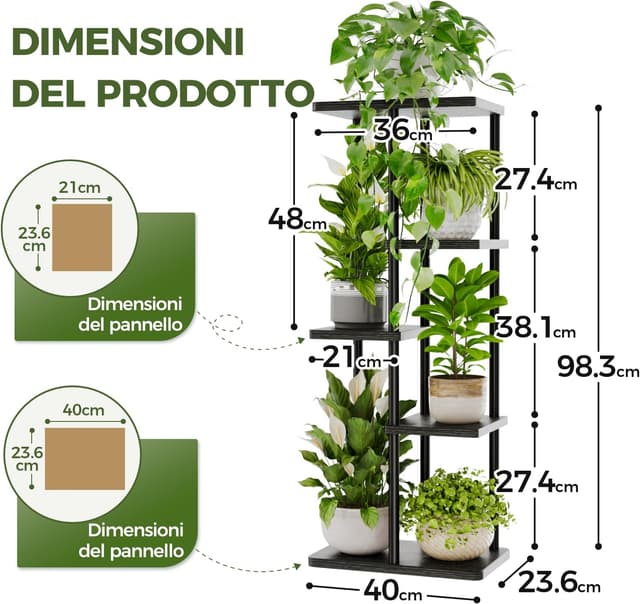 Detalle 2 de Bamworld porta piante verticale da interno ed esterno con 5 ripiani in metallo e legno (nero)