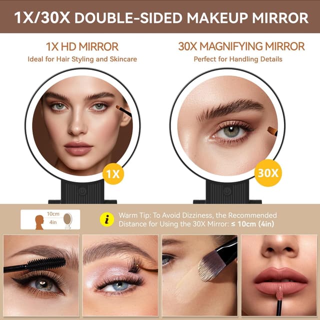 Detalle de Auxmir Kosmetikspiegel mit Beleuchtung – 30X/1X doppelseitig, dimmbar, 3 Lichtfarben, 2000 mAh, faltbar