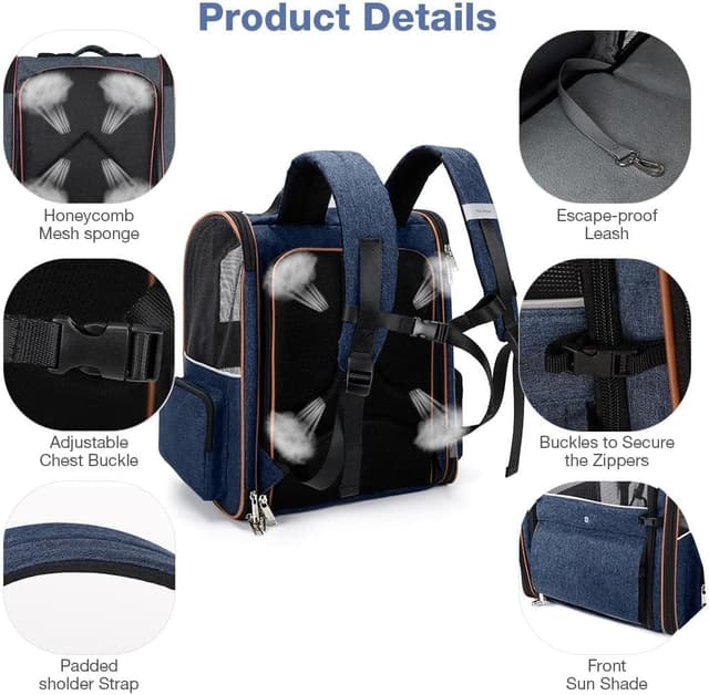 Detalle 2 de Lekesky Large Cat Carrier Backpack (Expandable) – Blue, XL for pets up to 25 lbs