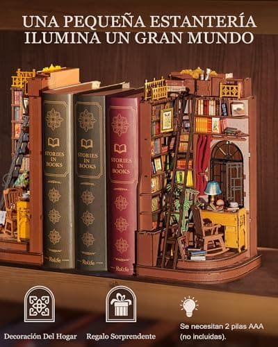 Detalle de Rolife Book Nook Kit Silent Corner Study: casa miniatura 3D de madera con luces LED