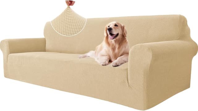 Detalle de Ystyle Housse de canapé extensible 4 places avec accoudoirs, beige jaune