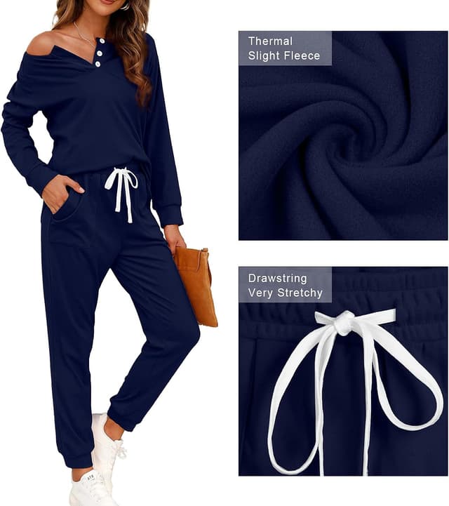 Detalle de WIHOLL Two-Piece Lounge Set for Women (Button-Down Sweatshirt & Drawstring Sweatpants)
