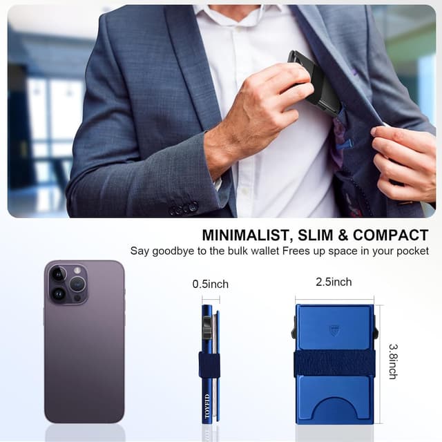 Detalle de TOYFID Smart Wallet für Herren: Kartenhülle für bis zu 12 Karten inkl. RFID-Blocker & Auswurftaste, Aluminium, Blau