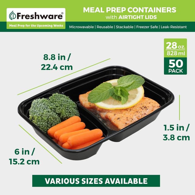 Detalle 2 de Freshware Meal Prep Containers (50 Count) 2-Compartment BPA-Free Bento Boxes, 28 oz, Stackable Lids