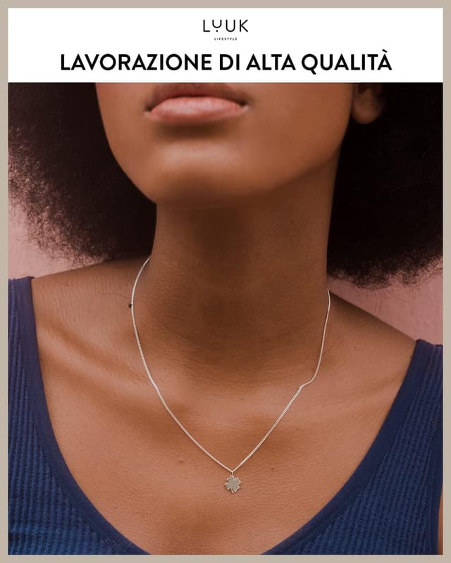 Detalle de LUUK LIFESTYLE collana in argento sterling 925 con ciondolo quadrifoglio e cartolina Happiness (50 cm)