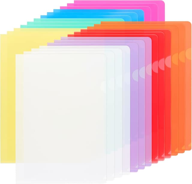 Detalle de 25 Pack A4 Clear Plastic Folders (8 Assorted Colours) – Transparent PP File Wallets