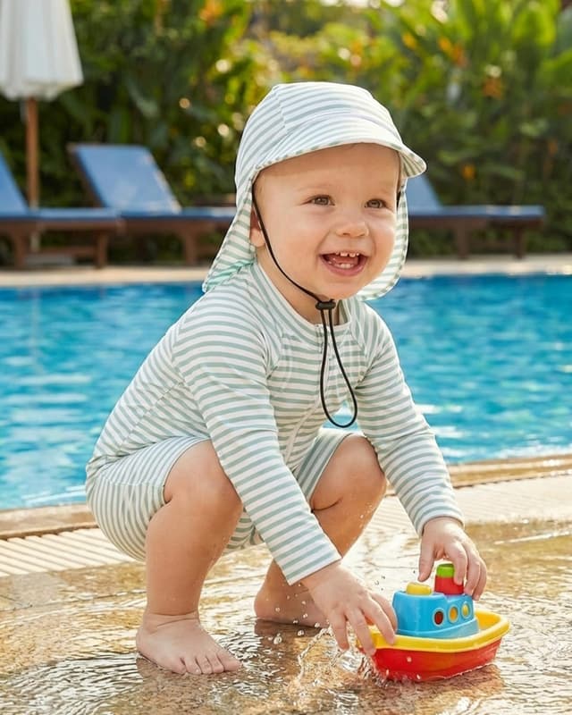 Detalle de UV Kleidung Baby Badeanzug mit Hut (Gr. 62–98) – Langarm UV-Schutzkleidung für Schwimmen